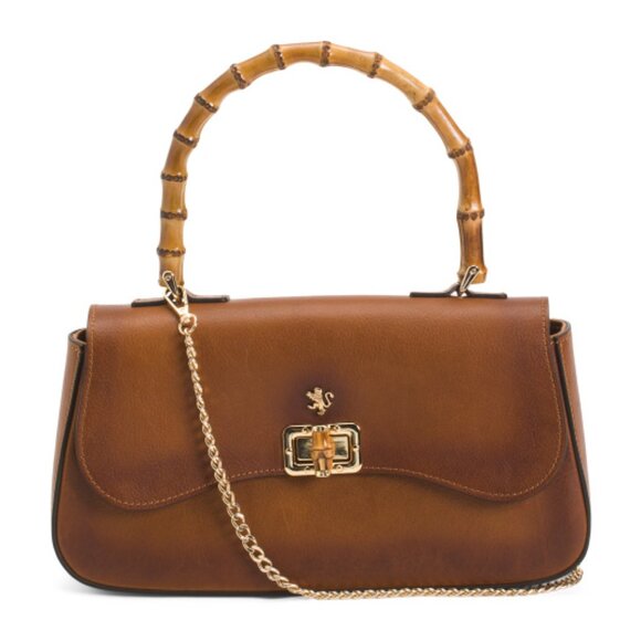 PRATESI Brown Made In Italy Leather East West Round Flap Handle Satchel
